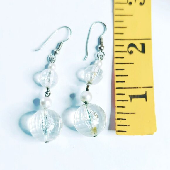 Vintage Clear Crystal Ball Faux Pearl Dangle Hook Earrings - Picture 4 of 4